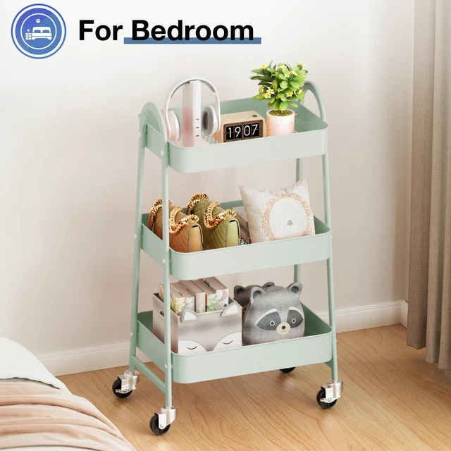 Alt view image 6 of 7 - Metal 3 Tiers Rolling Storage Utility Cart with Lockable Wheels Mobile Organizer Shelf, Space-Saving, Freestanding, Bathroom, Living Room, Slim, Narrow Corner Spaces, Pale Green