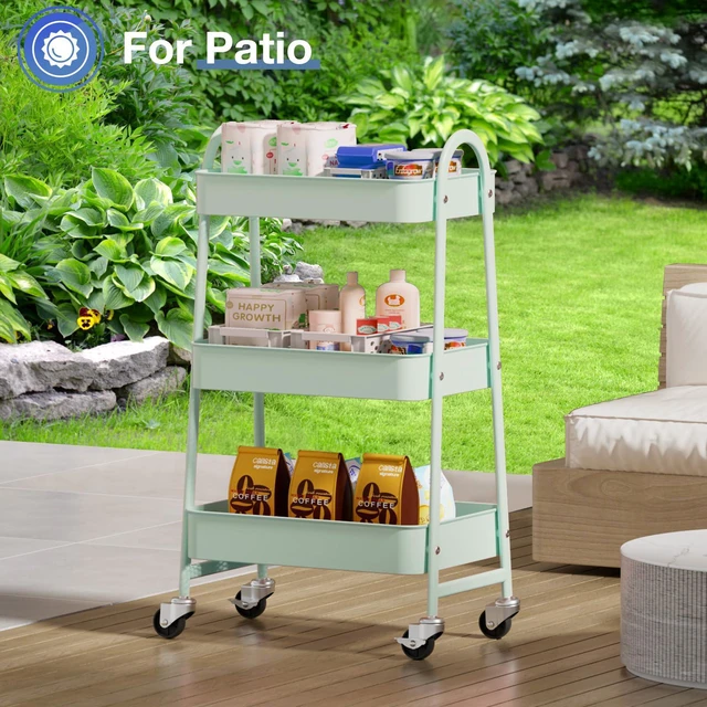 Alt view image 7 of 7 - Metal 3 Tiers Rolling Storage Utility Cart with Lockable Wheels Mobile Organizer Shelf, Space-Saving, Freestanding, Bathroom, Living Room, Slim, Narrow Corner Spaces, Pale Green
