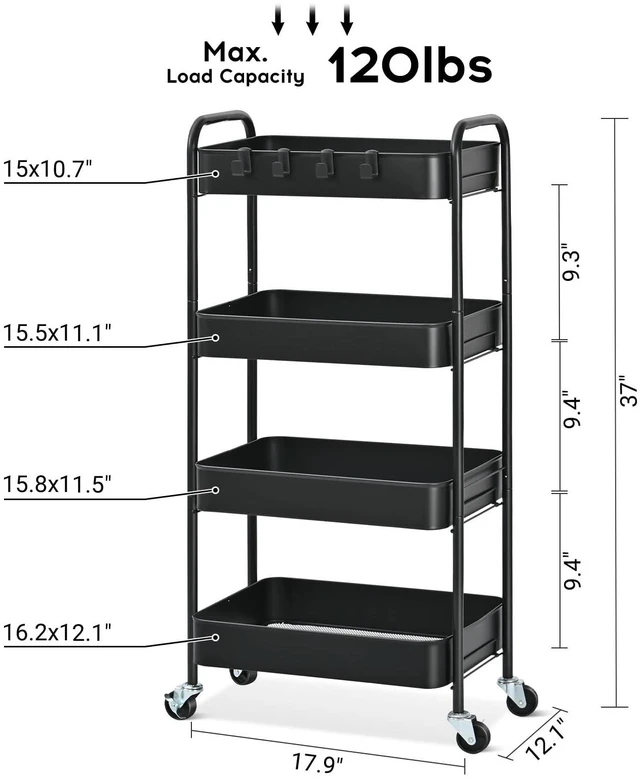 Alt view image 2 of 7 - 4 Tier Metal Rolling Cart, Utility Storage Cart with Wheels, Black | Screwless Assembly, Lockable Metal Wheels, Trolley Organizer for Bathroom, Kitchen, Office, Dorm, Laundry, Craft Room