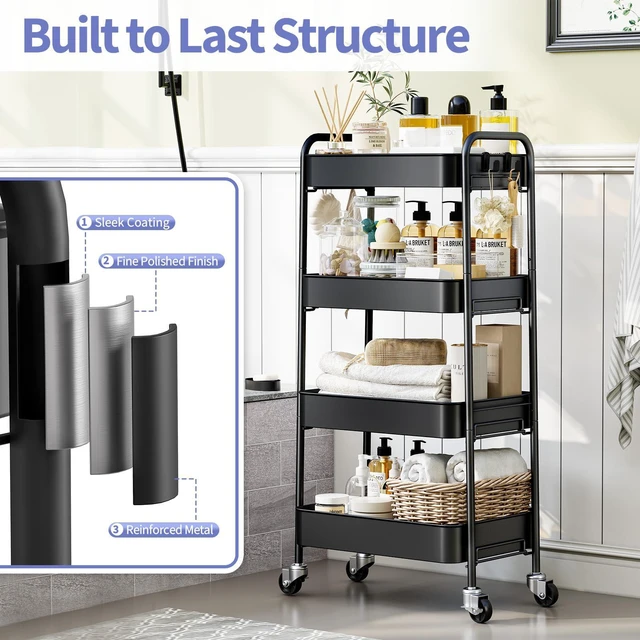 Alt view image 3 of 7 - 4 Tier Metal Rolling Cart, Utility Storage Cart with Wheels, Black | Screwless Assembly, Lockable Metal Wheels, Trolley Organizer for Bathroom, Kitchen, Office, Dorm, Laundry, Craft Room