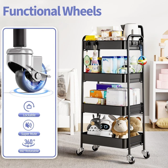 Alt view image 4 of 7 - 4 Tier Metal Rolling Cart, Utility Storage Cart with Wheels, Black | Screwless Assembly, Lockable Metal Wheels, Trolley Organizer for Bathroom, Kitchen, Office, Dorm, Laundry, Craft Room