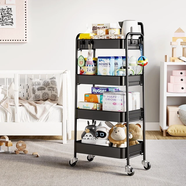 Alt view image 7 of 7 - 4 Tier Metal Rolling Cart, Utility Storage Cart with Wheels, Black | Screwless Assembly, Lockable Metal Wheels, Trolley Organizer for Bathroom, Kitchen, Office, Dorm, Laundry, Craft Room
