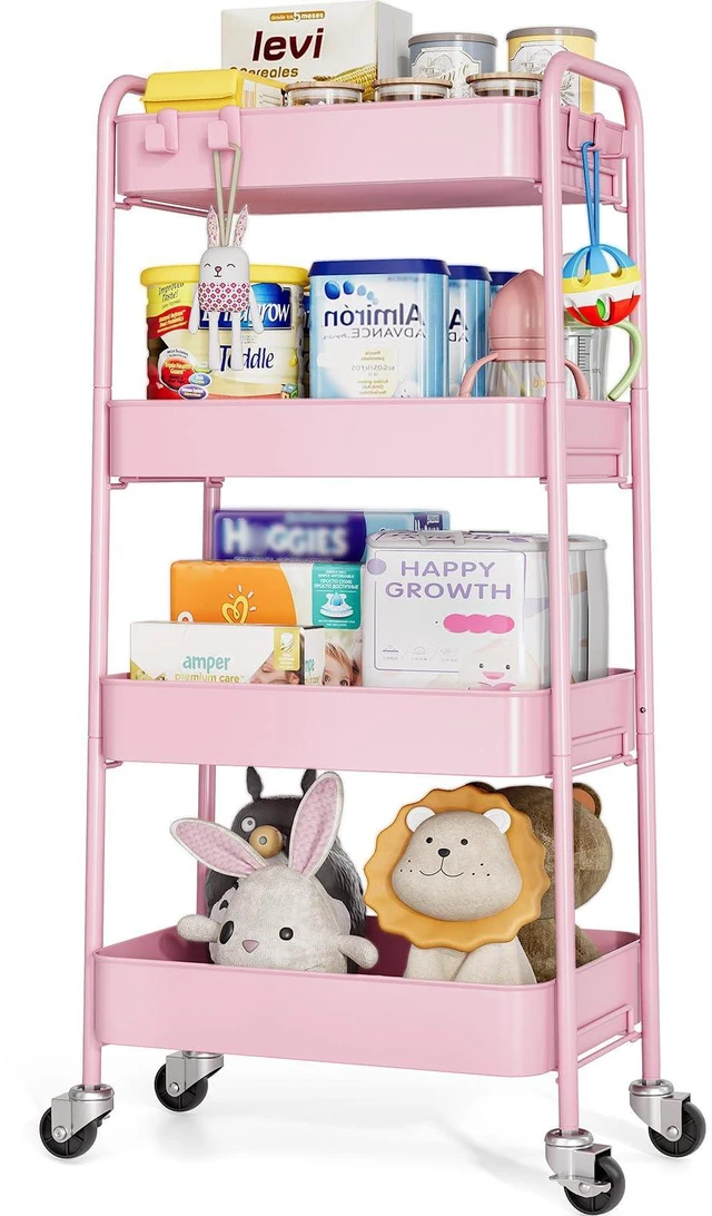 Main image of 4 Tier Metal Rolling Cart, Utility Storage Cart with Wheels, Pink | Screwless Assembly, Lockable Metal Wheels, Trolley Organizer for Bathroom, Kitchen, Office, Dorm, Laundry, Craft Room