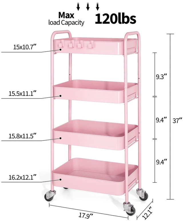 Alt view image 2 of 7 - 4 Tier Metal Rolling Cart, Utility Storage Cart with Wheels, Pink | Screwless Assembly, Lockable Metal Wheels, Trolley Organizer for Bathroom, Kitchen, Office, Dorm, Laundry, Craft Room