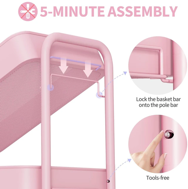 Alt view image 3 of 7 - 4 Tier Metal Rolling Cart, Utility Storage Cart with Wheels, Pink | Screwless Assembly, Lockable Metal Wheels, Trolley Organizer for Bathroom, Kitchen, Office, Dorm, Laundry, Craft Room