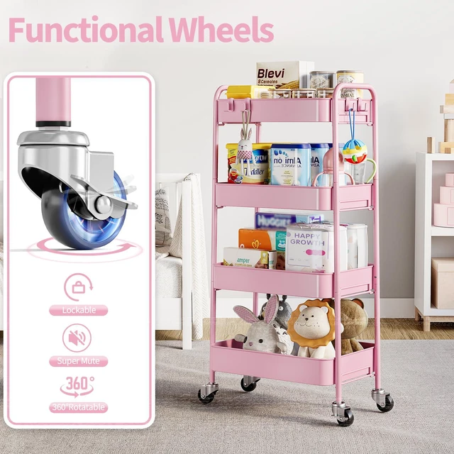 Alt view image 5 of 7 - 4 Tier Metal Rolling Cart, Utility Storage Cart with Wheels, Pink | Screwless Assembly, Lockable Metal Wheels, Trolley Organizer for Bathroom, Kitchen, Office, Dorm, Laundry, Craft Room