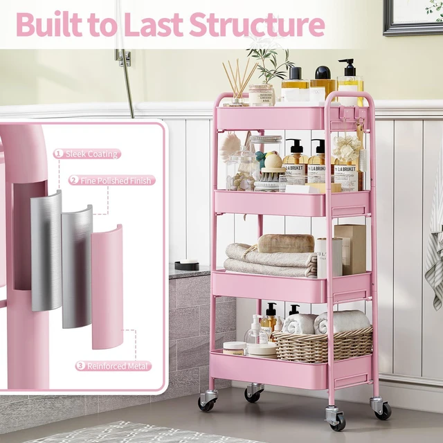 Alt view image 6 of 7 - 4 Tier Metal Rolling Cart, Utility Storage Cart with Wheels, Pink | Screwless Assembly, Lockable Metal Wheels, Trolley Organizer for Bathroom, Kitchen, Office, Dorm, Laundry, Craft Room