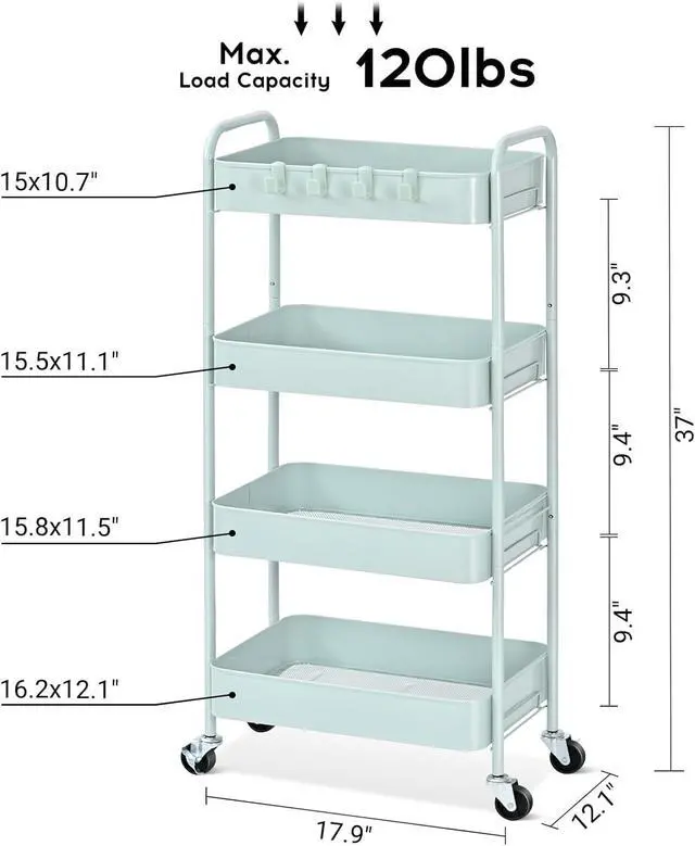Alt view image 2 of 7 - 4 Tier Metal Rolling Cart, Utility Storage Cart with Wheels, Green | Screwless Assembly, Lockable Metal Wheels, Trolley Organizer for Bathroom, Kitchen, Office, Dorm, Laundry, Craft Room