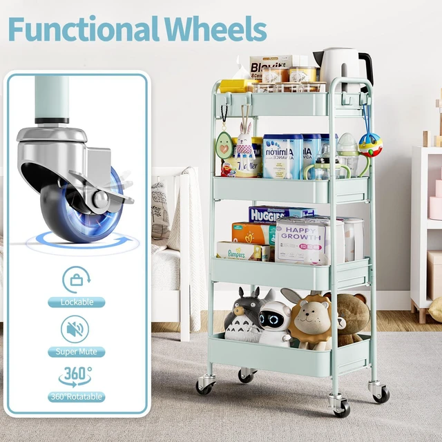 Alt view image 3 of 7 - 4 Tier Metal Rolling Cart, Utility Storage Cart with Wheels, Green | Screwless Assembly, Lockable Metal Wheels, Trolley Organizer for Bathroom, Kitchen, Office, Dorm, Laundry, Craft Room