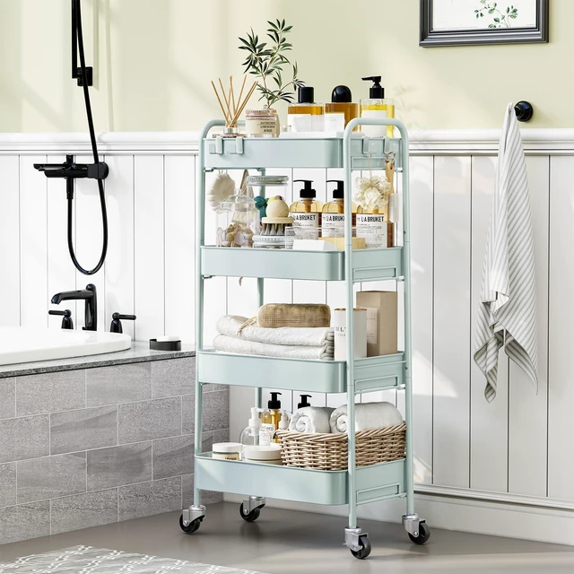 Alt view image 7 of 7 - 4 Tier Metal Rolling Cart, Utility Storage Cart with Wheels, Green | Screwless Assembly, Lockable Metal Wheels, Trolley Organizer for Bathroom, Kitchen, Office, Dorm, Laundry, Craft Room