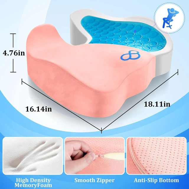 Alt view image 5 of 7 - Seat Cushion, Gel Memory Foam Office Chair Cushions, (Pink) Anti-Slip Back & Removable Cover, Ergonomic Tailbone Support Seat Cushion, Memory Foam Seat Cushion for Office