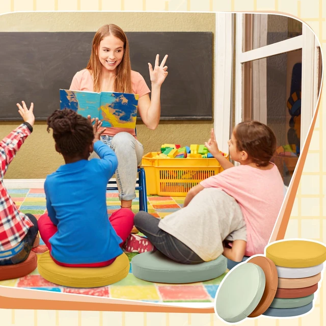Alt view image 7 of 7 - 8 Pcs Floor Cushions Kids, Boho Color, 13.8 x 13.8 x 2 Inch Extra Thick 2" Flexible Seating Classroom, Assorted Colored Floor Pillow, Soft Round Cushions for Kids Students Office School