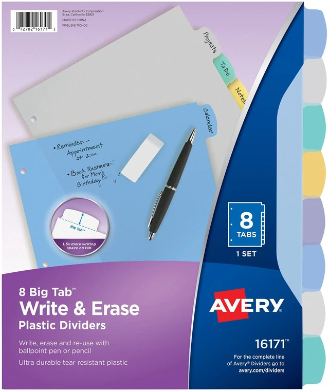 Main image of ® Big Tab Write & Erase Plastic Dividers, 8-Tab, Color, 24 Sets For Organizing and Relabeling Binder Sections, Tear-Resistant Reusable Tabs, 3-Hole Punched, For 3-Ring Binders