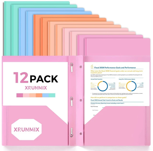 Main image of Two-Pocket-Folders with 3 Prongs, Letter Size Plastic Folders with Pockets and Prongs, Poly Plastic Folders for Office & School. 6 Pastel Colors (Assorted Colors - 12 Packs)