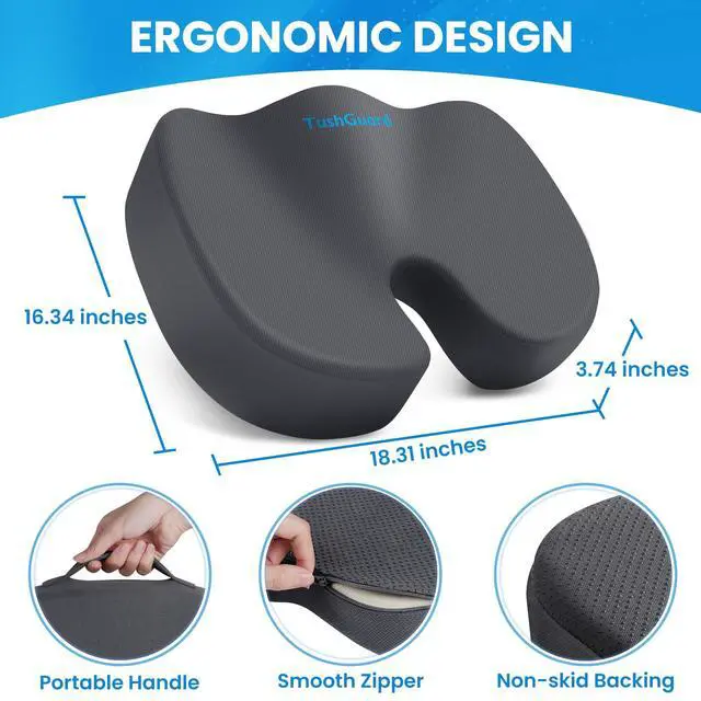 Alt view image 2 of 7 - Memory Foam Seat Cushion for Office Chair, Car Seat, Gray, XL Office Chair Cushion for Car, Airplane - Chair Pad for Long Sitting Sciatica, Hip, Coccyx,Tailbone Pain Relief, Butt Pillow