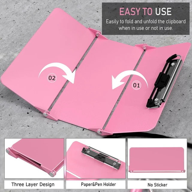 Alt view image 2 of 7 - Nursing Clipboard Foldable Without Edition Cheat Charts, 3 Layers Aluminum, Nurse Board w/Low Profile Clip&Pen Clip Pocket, Pink