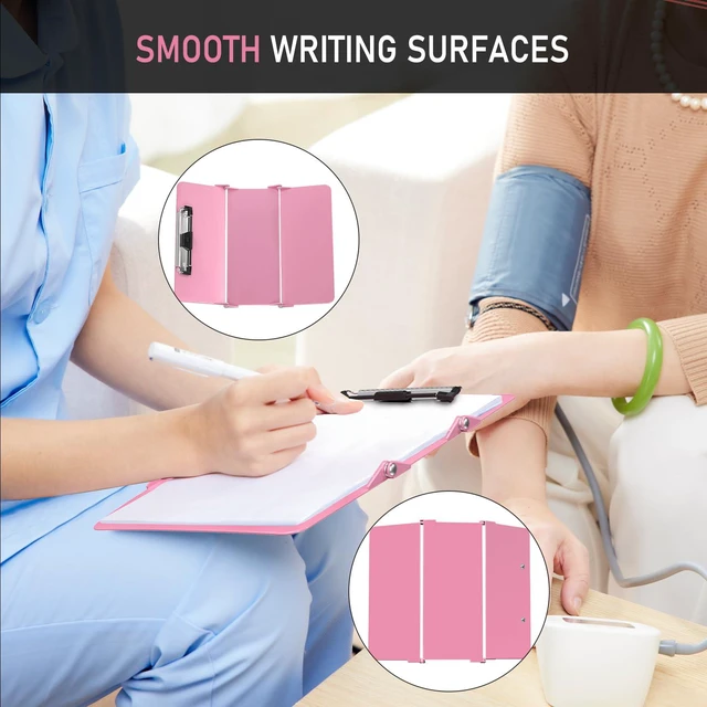 Alt view image 3 of 7 - Nursing Clipboard Foldable Without Edition Cheat Charts, 3 Layers Aluminum, Nurse Board w/Low Profile Clip&Pen Clip Pocket, Pink