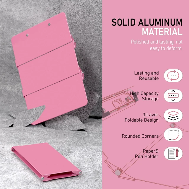 Alt view image 4 of 7 - Nursing Clipboard Foldable Without Edition Cheat Charts, 3 Layers Aluminum, Nurse Board w/Low Profile Clip&Pen Clip Pocket, Pink