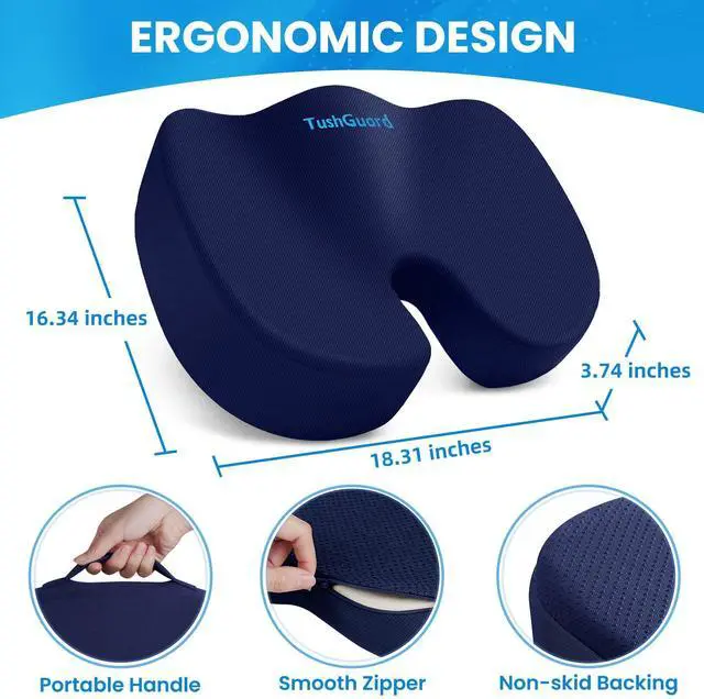 Alt view image 2 of 7 - Memory Foam Seat Cushion for Office Chair, Car Seat, Blue, XL Office Chair Cushion for Car, Airplane - Chair Pad for Long Sitting Sciatica, Hip, Coccyx,Tailbone Pain Relief, Butt Pillow