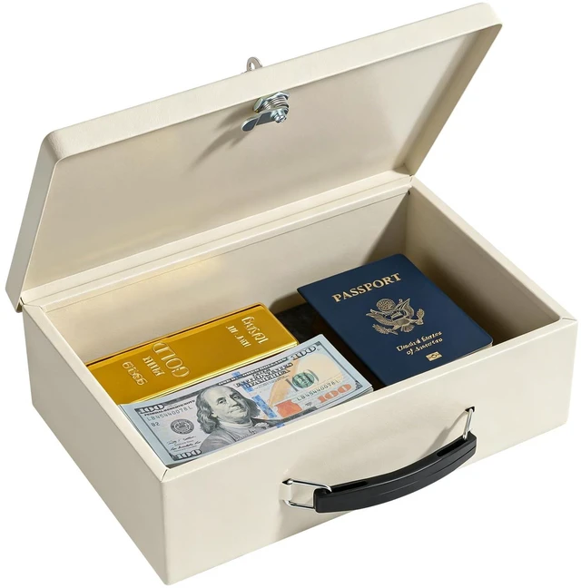 Main image of Fireproof Document Box with Key Lock, Small Safe Box for Valuables, Fire and Water Resistance, Fireproof Lock Box for Passport, Cash, Tablet, Exterior 12.6'' x 8.3'' x 3.58'' Beige