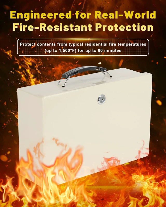 Alt view image 2 of 7 - Fireproof Document Box with Key Lock, Small Safe Box for Valuables, Fire and Water Resistance, Fireproof Lock Box for Passport, Cash, Tablet, Exterior 12.6'' x 8.3'' x 3.58'' Beige