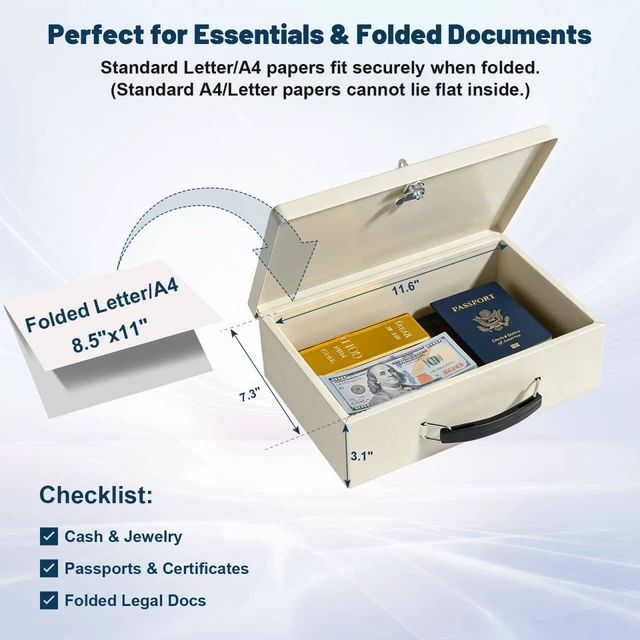 Alt view image 5 of 7 - Fireproof Document Box with Key Lock, Small Safe Box for Valuables, Fire and Water Resistance, Fireproof Lock Box for Passport, Cash, Tablet, Exterior 12.6'' x 8.3'' x 3.58'' Beige