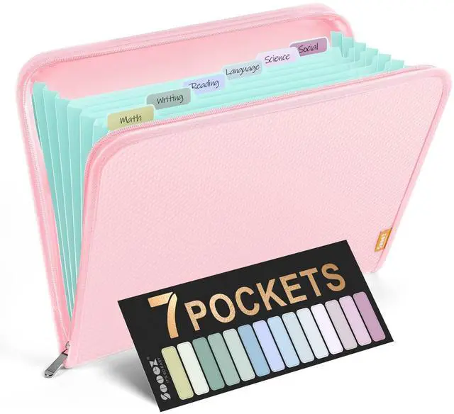 Main image of 7 Pockets Accordion File Organizer, Zipper Expanding File Folder A4 Reinforced Plastic Accordion Folder Organizer, A4 Letter Size, Portable Folders for Documents, School Office Supplies, Pink