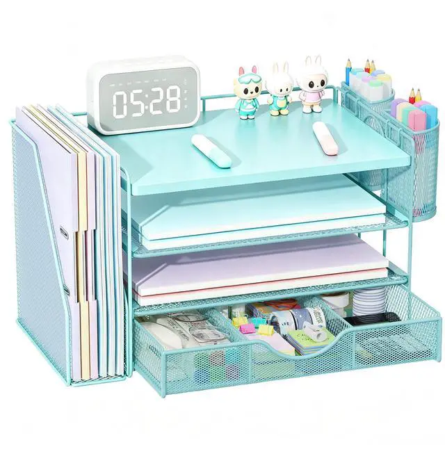 Main image of Wood Desk Organizers and Accessories with File Holder, 4-Tier Desk Accessories & Workspace Organizers with Drawer and 2 Pen Holder, Desk Reference Organizer (Blue, 4T with Metal Drawer)