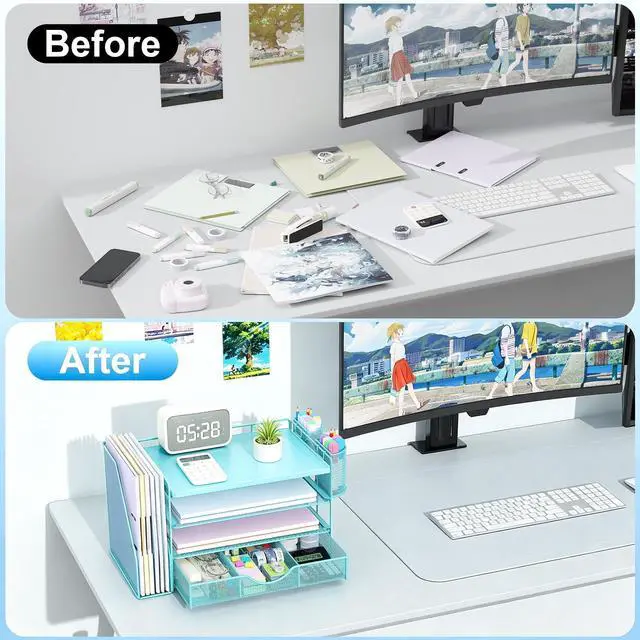 Alt view image 2 of 7 - Wood Desk Organizers and Accessories with File Holder, 4-Tier Desk Accessories & Workspace Organizers with Drawer and 2 Pen Holder, Desk Reference Organizer (Blue, 4T with Metal Drawer)
