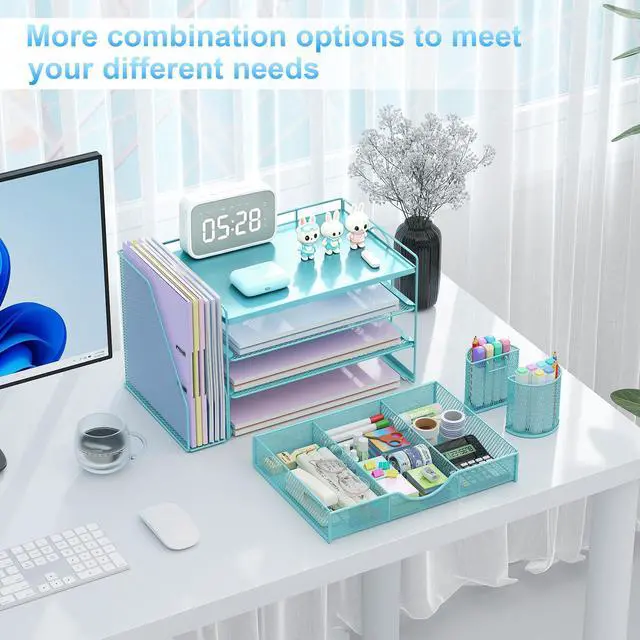 Alt view image 3 of 7 - Wood Desk Organizers and Accessories with File Holder, 4-Tier Desk Accessories & Workspace Organizers with Drawer and 2 Pen Holder, Desk Reference Organizer (Blue, 4T with Metal Drawer)