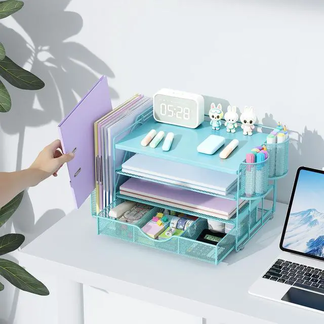 Alt view image 4 of 7 - Wood Desk Organizers and Accessories with File Holder, 4-Tier Desk Accessories & Workspace Organizers with Drawer and 2 Pen Holder, Desk Reference Organizer (Blue, 4T with Metal Drawer)