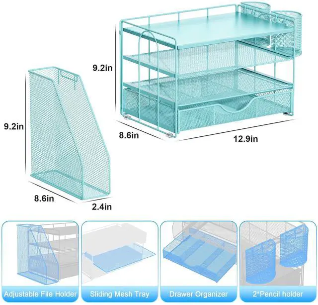 Alt view image 5 of 7 - Wood Desk Organizers and Accessories with File Holder, 4-Tier Desk Accessories & Workspace Organizers with Drawer and 2 Pen Holder, Desk Reference Organizer (Blue, 4T with Metal Drawer)