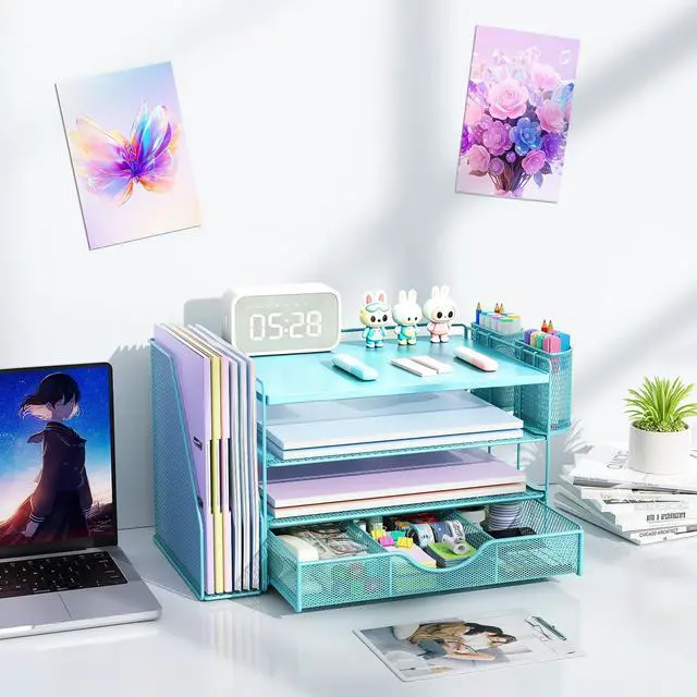 Alt view image 6 of 7 - Wood Desk Organizers and Accessories with File Holder, 4-Tier Desk Accessories & Workspace Organizers with Drawer and 2 Pen Holder, Desk Reference Organizer (Blue, 4T with Metal Drawer)