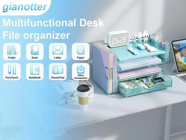 Alt view image 7 of 7 - Wood Desk Organizers and Accessories with File Holder, 4-Tier Desk Accessories & Workspace Organizers with Drawer and 2 Pen Holder, Desk Reference Organizer (Blue, 4T with Metal Drawer)