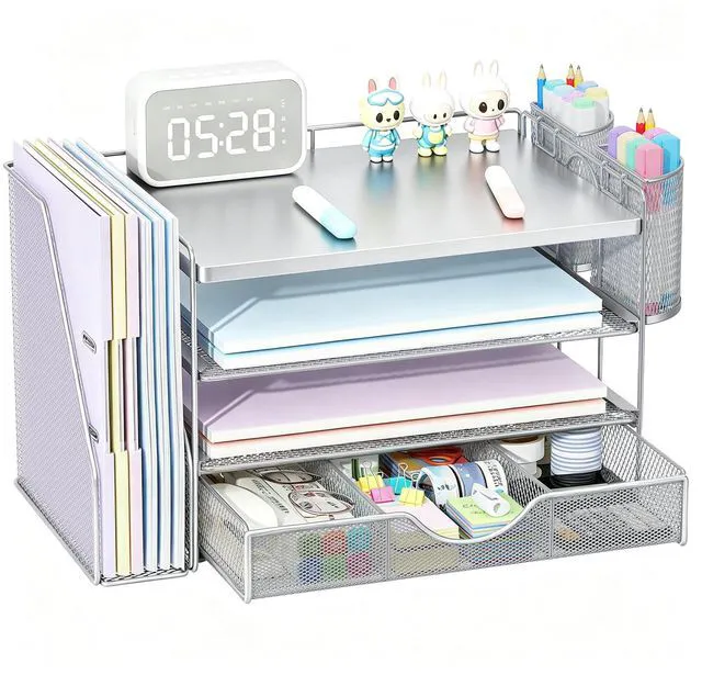 Main image of Wood Desk Organizers and Accessories with File Holder, 4-Tier Desk Accessories & Workspace Organizers with Drawer and 2 Pen Holder, Desk Reference Organizer (Grey, 4T with Metal Drawer)