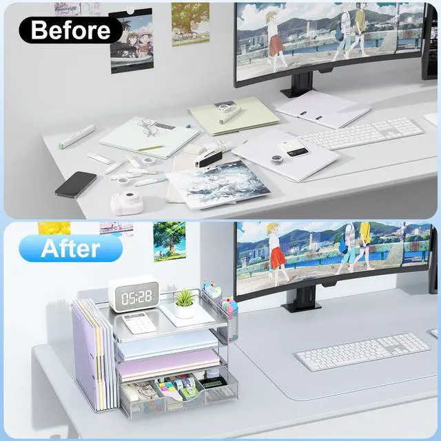 Alt view image 2 of 7 - Wood Desk Organizers and Accessories with File Holder, 4-Tier Desk Accessories & Workspace Organizers with Drawer and 2 Pen Holder, Desk Reference Organizer (Grey, 4T with Metal Drawer)