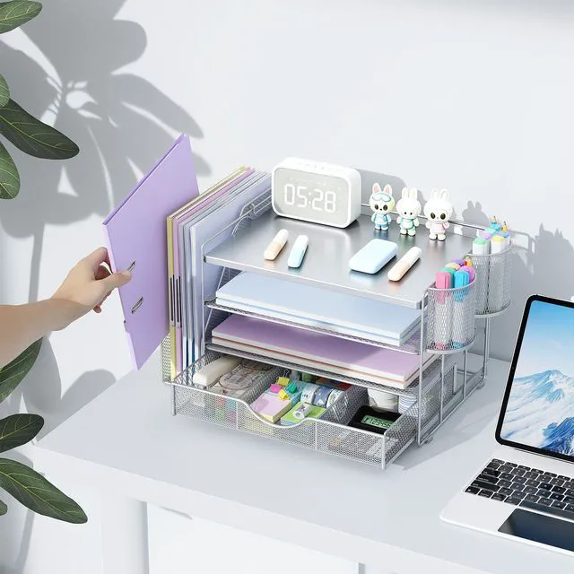 Alt view image 4 of 7 - Wood Desk Organizers and Accessories with File Holder, 4-Tier Desk Accessories & Workspace Organizers with Drawer and 2 Pen Holder, Desk Reference Organizer (Grey, 4T with Metal Drawer)