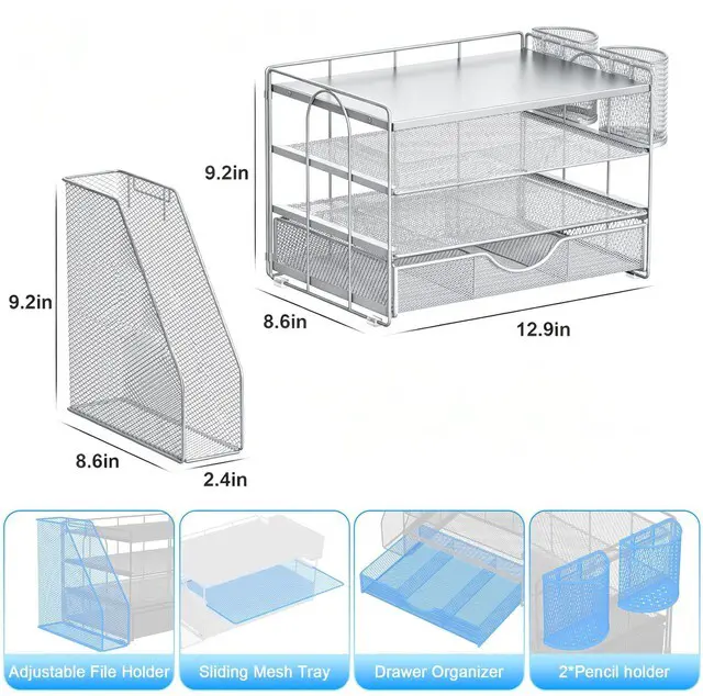 Alt view image 5 of 7 - Wood Desk Organizers and Accessories with File Holder, 4-Tier Desk Accessories & Workspace Organizers with Drawer and 2 Pen Holder, Desk Reference Organizer (Grey, 4T with Metal Drawer)