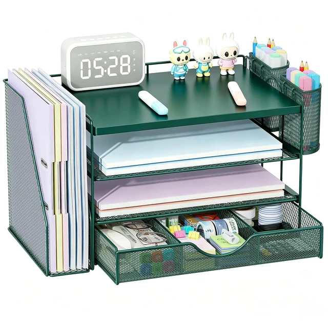 Main image of Wood Desk Organizers and Accessories with File Holder, 4-Tier Desk Accessories & Workspace Organizers with Drawer and 2 Pen Holder, Desk Reference Organizer (Green, 4T with Metal Drawer)