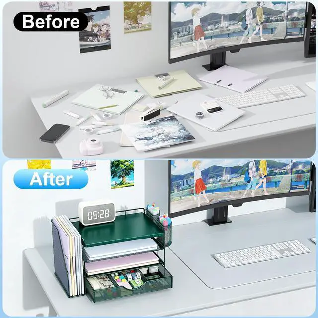 Alt view image 2 of 7 - Wood Desk Organizers and Accessories with File Holder, 4-Tier Desk Accessories & Workspace Organizers with Drawer and 2 Pen Holder, Desk Reference Organizer (Green, 4T with Metal Drawer)