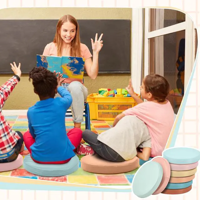 Alt view image 7 of 7 - 8 Pcs Floor Cushions Kids, Retro Groovy Color, 13.8 x 13.8 x 2 Inch Extra Thick 2" Flexible Seating Classroom, Assorted Colored Floor Pillow, Soft Round Cushions for Kids Students Office School