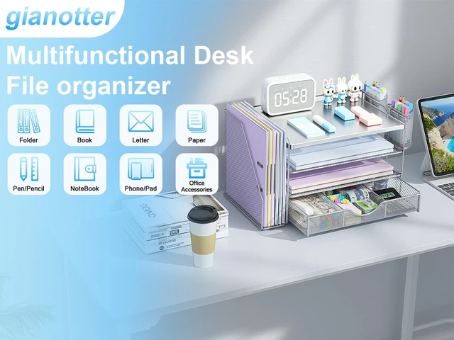 Alt view image 7 of 7 - Wood Desk Organizers and Accessories with File Holder, 4-Tier Desk Accessories & Workspace Organizers with Drawer and 2 Pen Holder, Desk Reference Organizer (Grey, 4T with Metal Drawer)