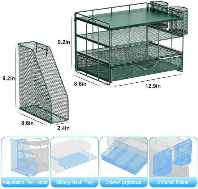 Alt view image 5 of 7 - Wood Desk Organizers and Accessories with File Holder, 4-Tier Desk Accessories & Workspace Organizers with Drawer and 2 Pen Holder, Desk Reference Organizer (Green, 4T with Metal Drawer)