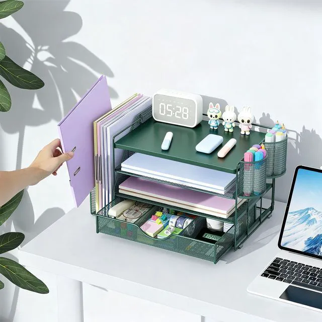 Alt view image 4 of 7 - Wood Desk Organizers and Accessories with File Holder, 4-Tier Desk Accessories & Workspace Organizers with Drawer and 2 Pen Holder, Desk Reference Organizer (Green, 4T with Metal Drawer)