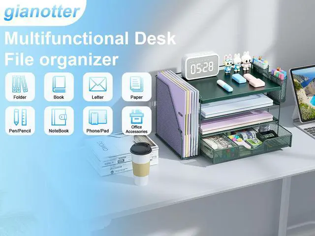 Alt view image 7 of 7 - Wood Desk Organizers and Accessories with File Holder, 4-Tier Desk Accessories & Workspace Organizers with Drawer and 2 Pen Holder, Desk Reference Organizer (Green, 4T with Metal Drawer)