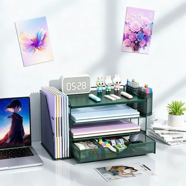 Alt view image 6 of 7 - Wood Desk Organizers and Accessories with File Holder, 4-Tier Desk Accessories & Workspace Organizers with Drawer and 2 Pen Holder, Desk Reference Organizer (Green, 4T with Metal Drawer)