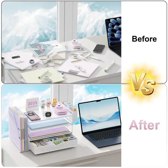 Alt view image 2 of 7 - Wood Desk Organizers and Accessories with File Holder, 4-Tier Desk Accessories & Workspace Organizers with Drawer and Pen Holder, Desk Reference Organizer (White, 4T with Drawer)