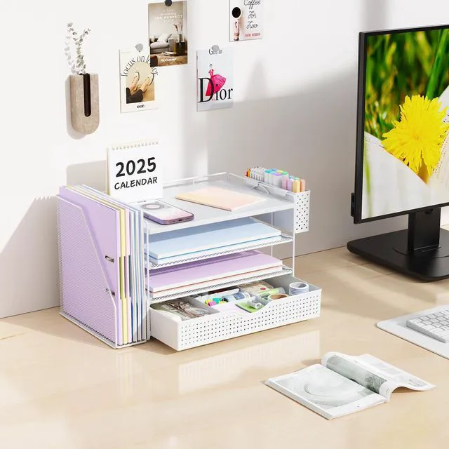 Alt view image 3 of 7 - Wood Desk Organizers and Accessories with File Holder, 4-Tier Desk Accessories & Workspace Organizers with Drawer and Pen Holder, Desk Reference Organizer (White, 4T with Drawer)