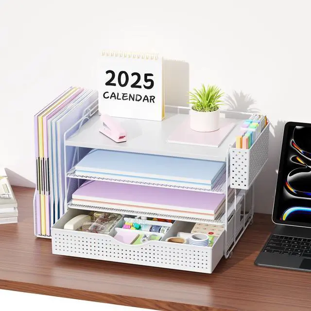 Alt view image 5 of 7 - Wood Desk Organizers and Accessories with File Holder, 4-Tier Desk Accessories & Workspace Organizers with Drawer and Pen Holder, Desk Reference Organizer (White, 4T with Drawer)
