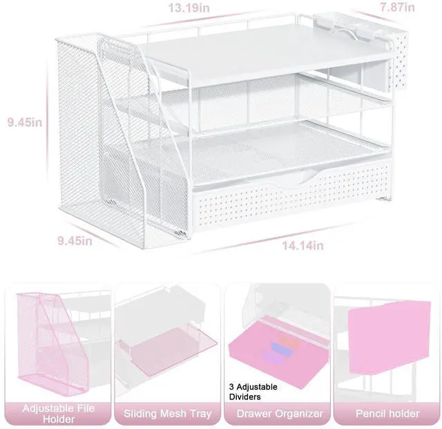 Alt view image 4 of 7 - Wood Desk Organizers and Accessories with File Holder, 4-Tier Desk Accessories & Workspace Organizers with Drawer and Pen Holder, Desk Reference Organizer (White, 4T with Drawer)